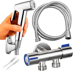 KIt Ducha higienica Com Registro Saída Dupla 1/2 Luxo 100% Metal Aço Inox 304 + Chuveirinho Com Gatilho Duchinha E Mangueira Engate Tubo de 1,50m - Sistema 1/4 Volta, Design Moderno, Alta Durabilidade