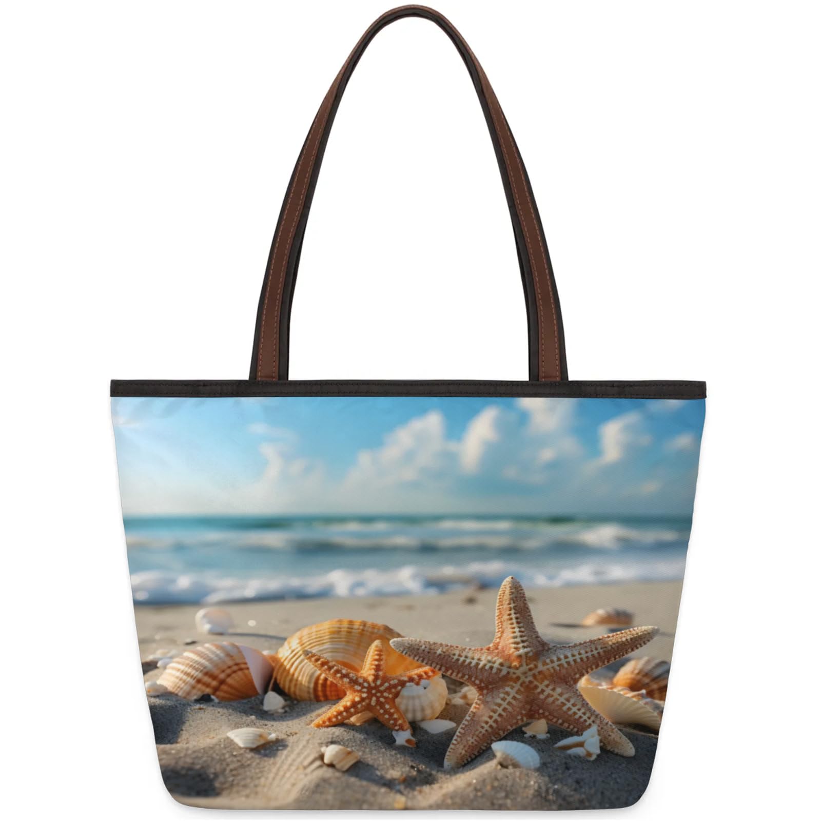 Starfish Shell Beach Tote Bag Multi Pocket Zippered Beach Bag Lightweight Waterproof Handbag for Women Men Work Gym Travel Swimming Yoga Grocery Shopping M