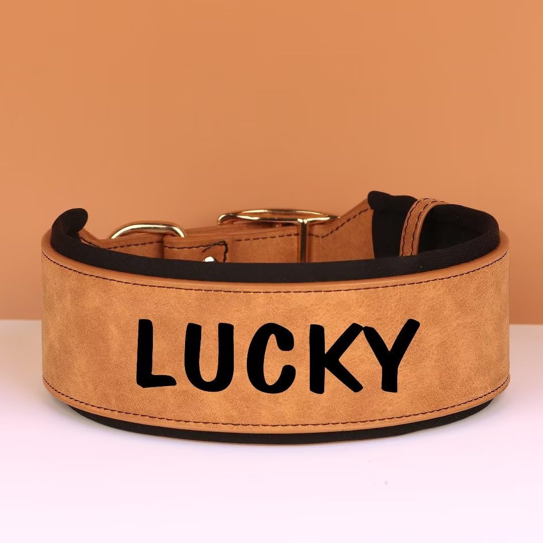 PET ARTIST Personalized PU Leather Dog Collar for Medium Large Dogs - Stylish and Comfortable | Suitable for Girl and Boys Dogs | Customizable with Large Name, Brown L