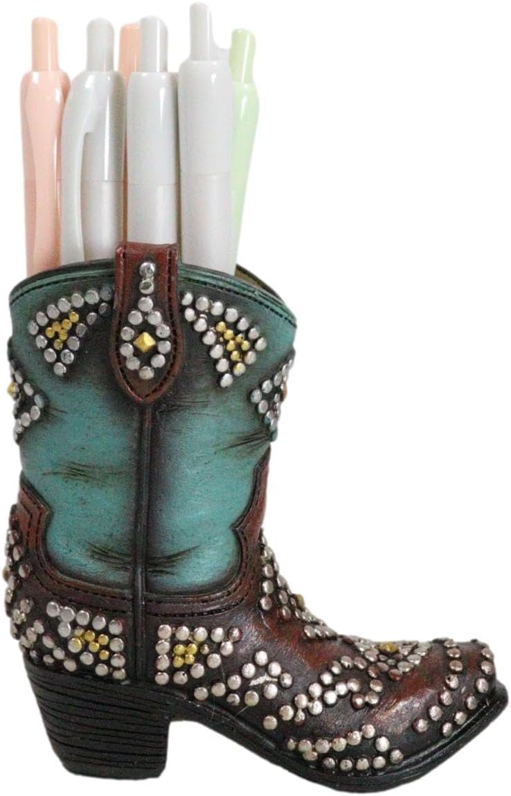 Ebros Gift Rustic Western Cowboy Cowgirl Faux Tooled Leather Turquoise Boot with Silver Beads Decorative Stationery Pen Pencil Organizer Holder Figurine As Home Office Accessory Accent