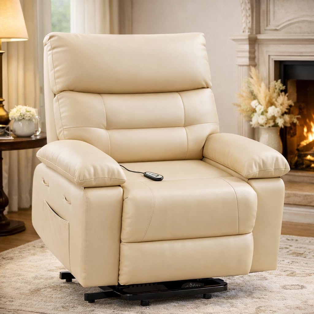 Power Lift Recliner, Electric Lift Chair for Elderly with Remote Control, Massage &amp; Heat Recliner Chair with 8-Point Vibration and Lumbar Heating, PU Leather Power Recliner with Side Pocket, Beige