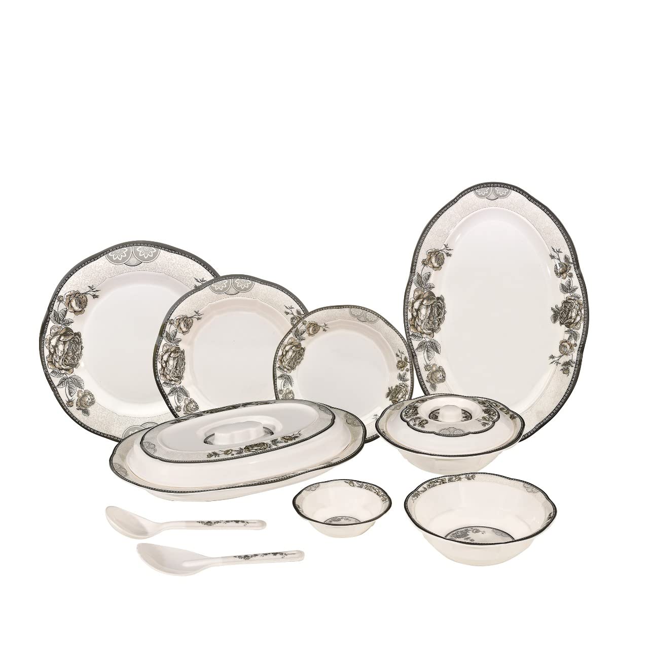 36 Piece Melamine Dinnerware Contemporary Flower Print Design Set, Shatterproof, Lightweight, Artisanal Double Bead Plates & Bowls, Solid Reactive Glazes Dinner (Grey Flowers)