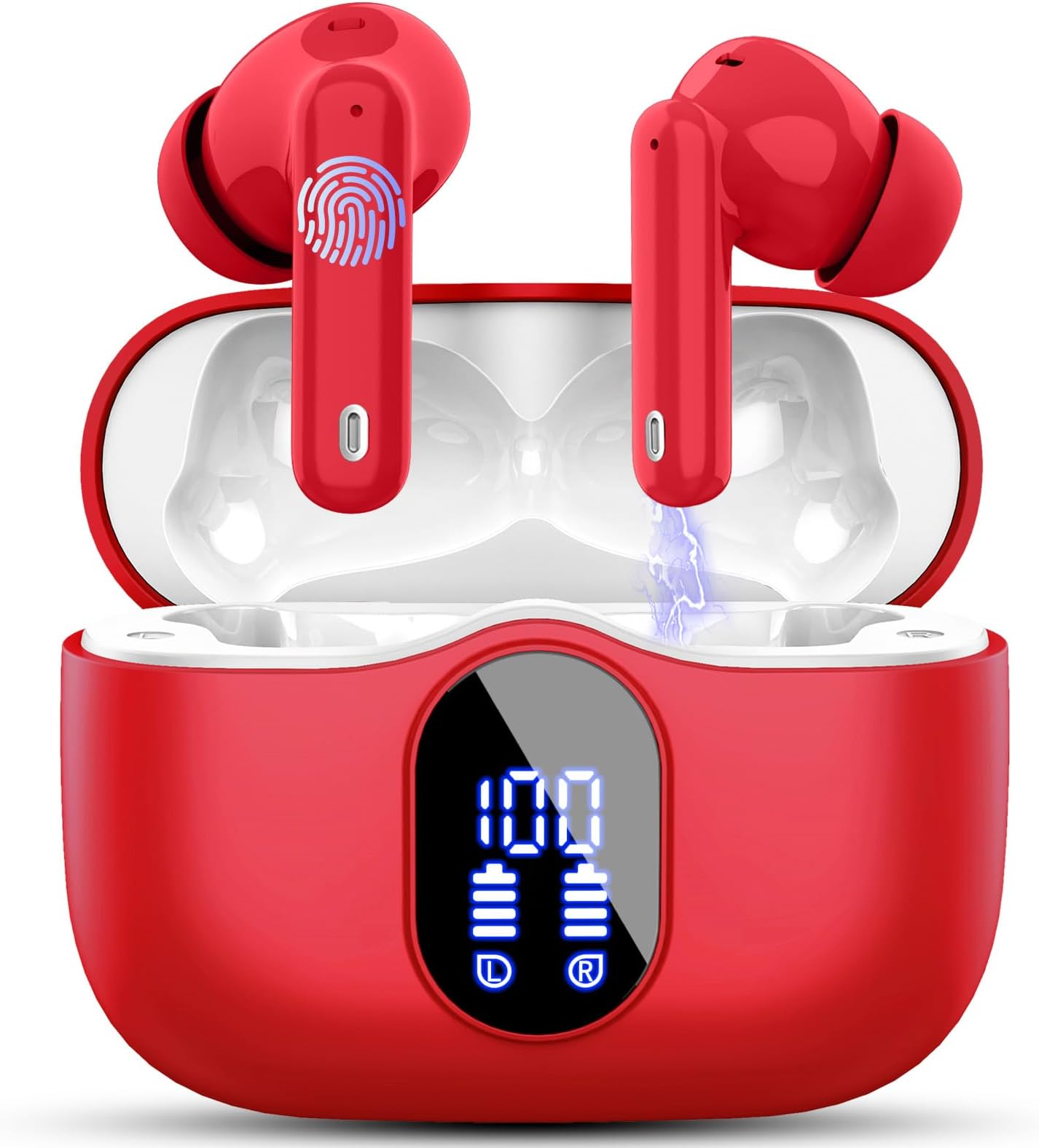 Wireless Earbuds, Bluetooth 5.4 Headphones In Ear with 4 ENC Mic, 2025 New Wireless Earphones Noise Cancelling Deep Bass, LED Display, Bluetooth Earbuds 36H Playtime, IP7 Waterproof Ear buds USB-C Red