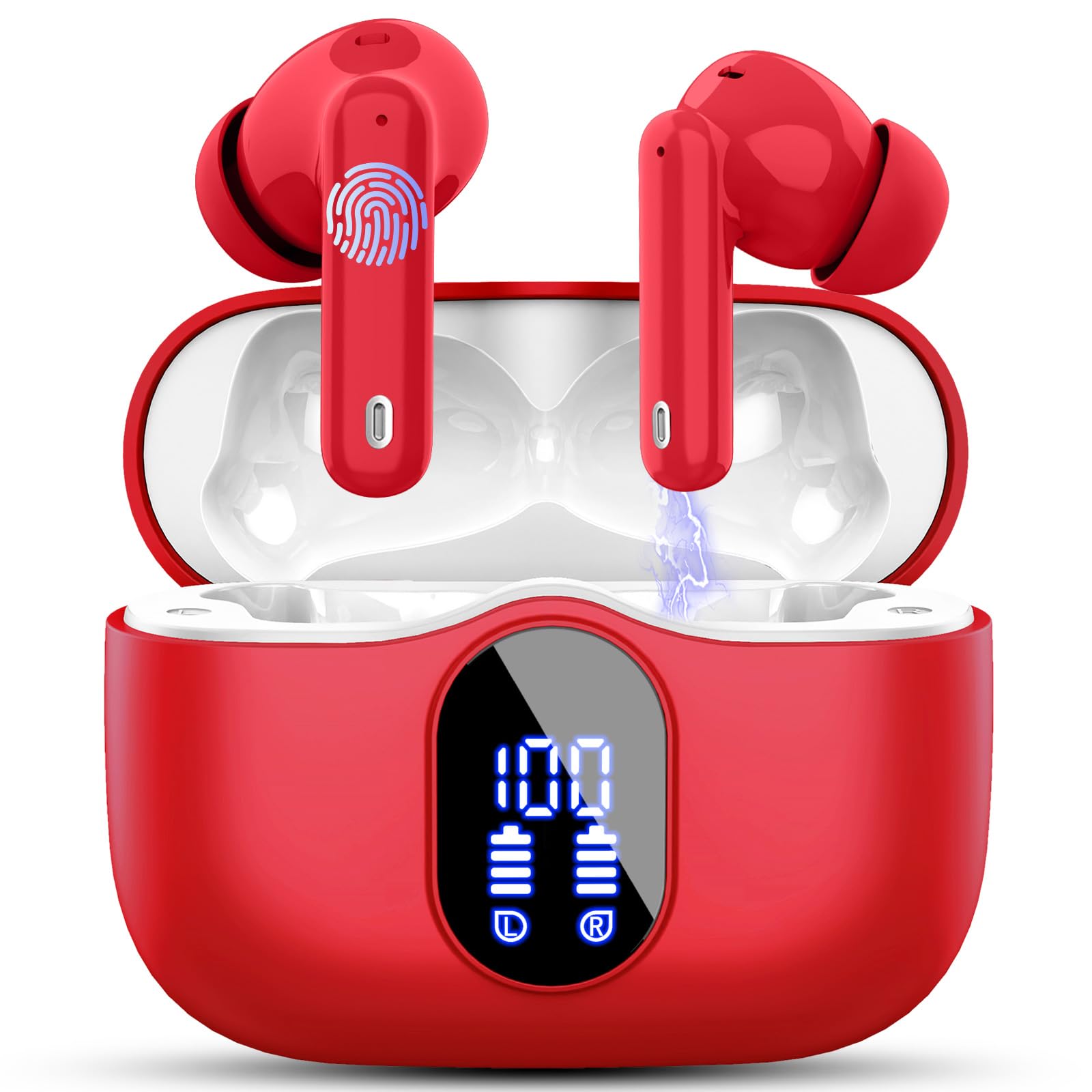 Wireless Earbuds, Bluetooth 5.4 Headphones In Ear with 4 ENC Mic, 2025 New Wireless Earphones Noise Cancelling Deep Bass, LED Display, Bluetooth Earbuds 36H Playtime, IP7 Waterproof Ear buds USB-C Red