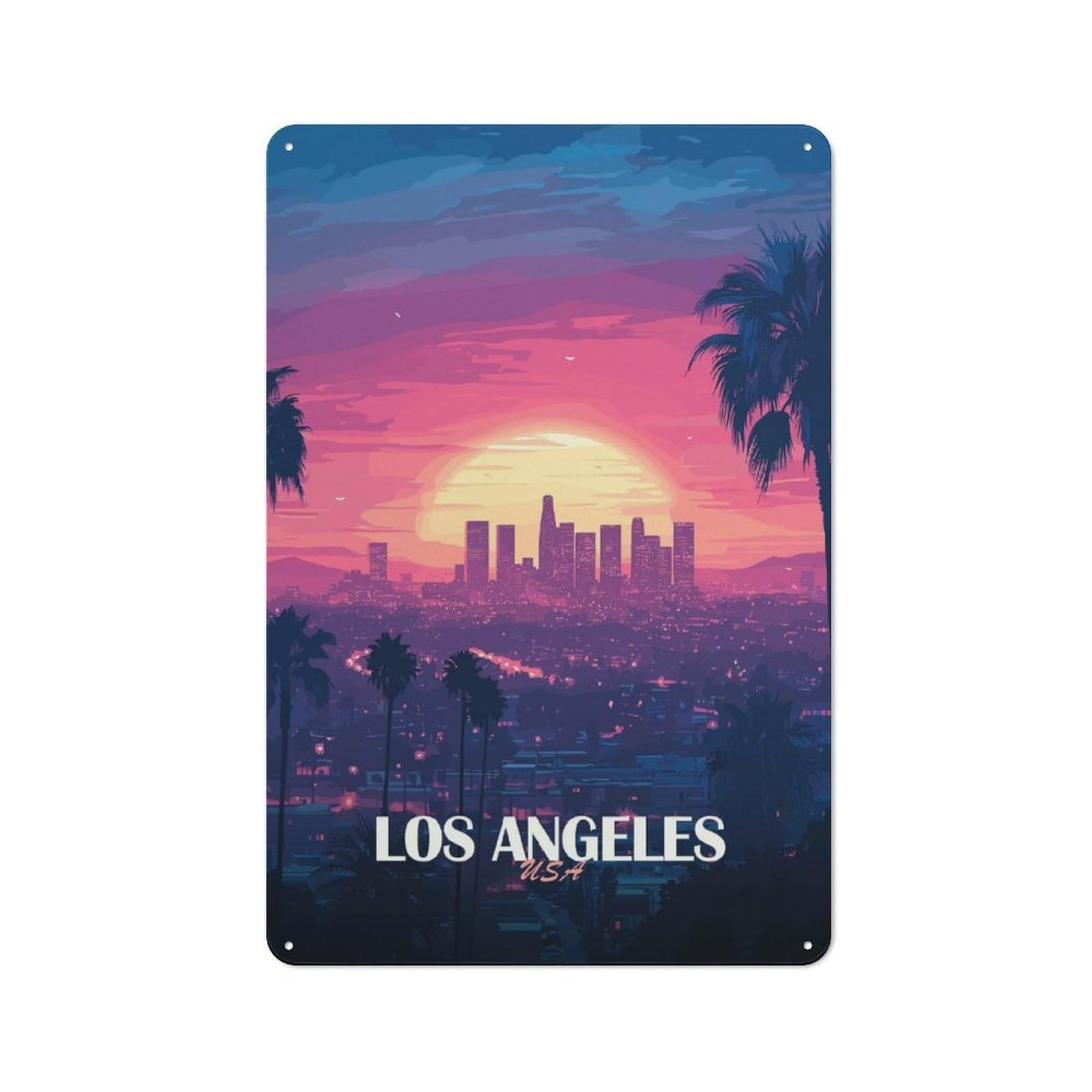 Junmoney Style-19 Los Angeles Sunset Skyline Illustration Decorative Metal Wall Decor 30X20cm, Metal Gift Sign For Hallway, Home Bar, Garage Or Study