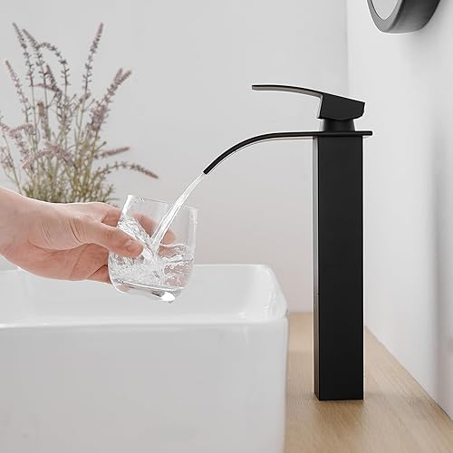 Miniatura 9 de RUMOSE Grifo de baño alto negro mate con drenaje emergente, moderno, de una sola manija, un agujero, grifo de lavabo de cascada, grifo de lavabo de