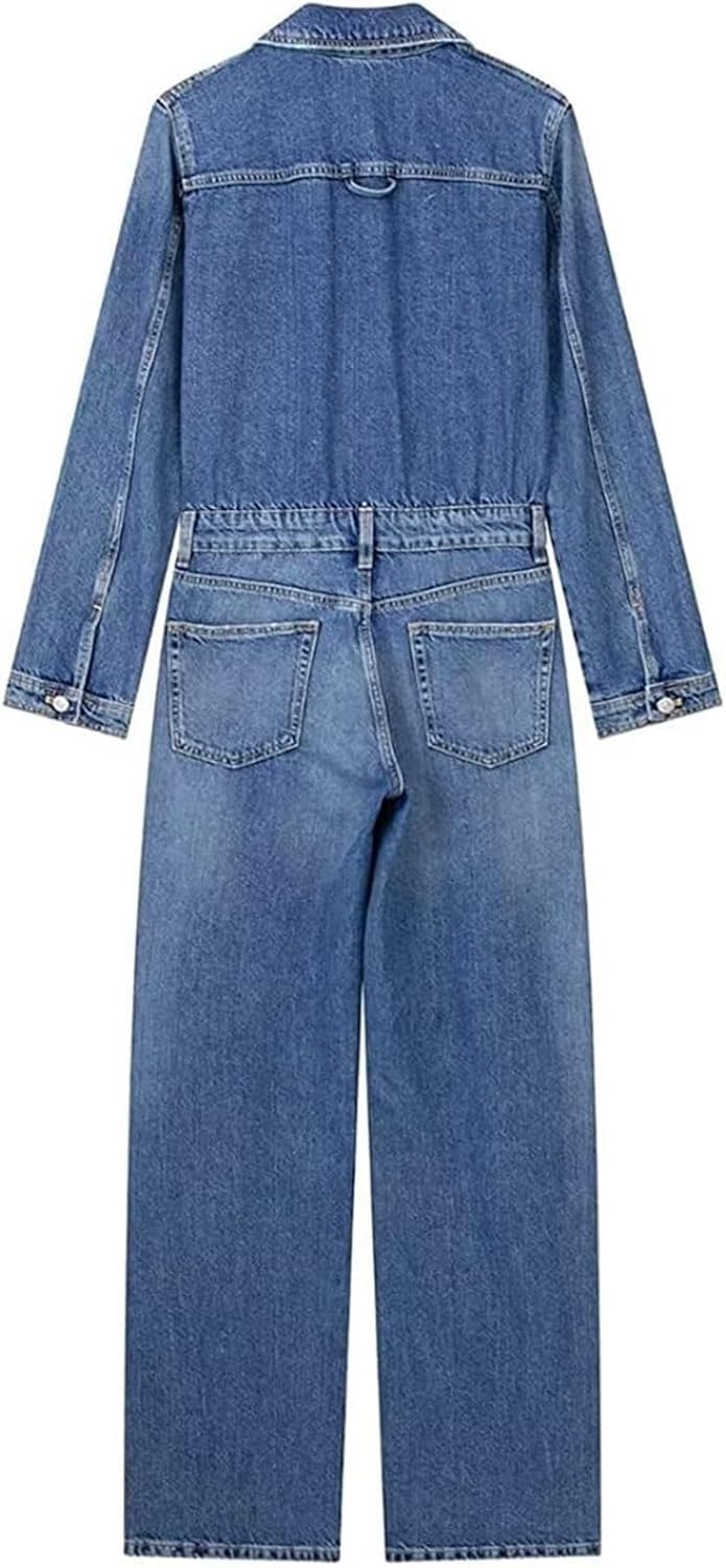 Damskie Dżinsowe Kombinezony Wysoki Stan Długi Rękaw Dżinsowy Kombinezon Slim Fit Guzik Luźne Spodnie Dżinsowe Pajacyki, Blue, S