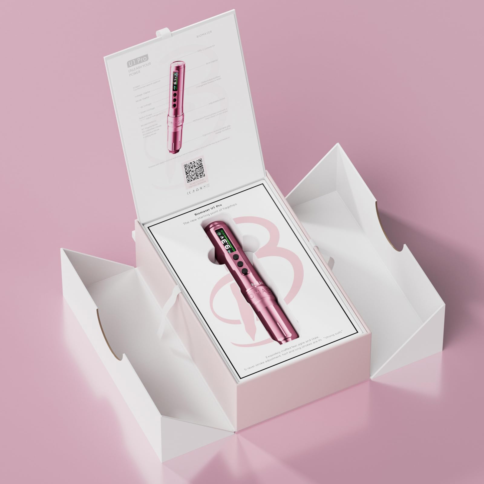 Biomaser U1 Pro - Maquillaje permanente inalámbrico semiinalámbrico, 6 tiempos, ajustable, con 2 pilas de 850 mAh, pantalla OLED para maquillaje semipermanente (Rosa)