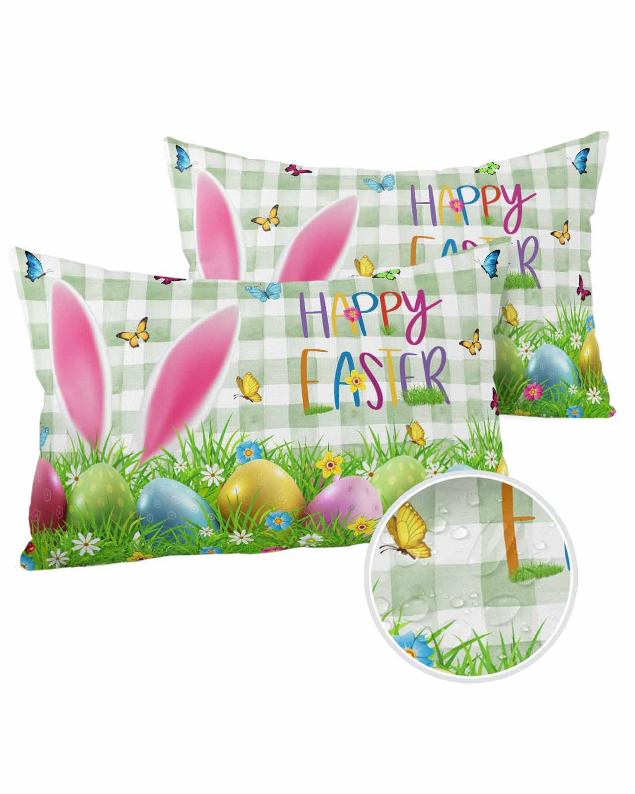 Boanket Lumbar Pillow Covers 12 x 20 in, Easter Waterproof Throw Pillow Cover Set of 2, Spring Floral Botanical Eggs Bunny Teal Plaid Home Decorative Rectangle Cushion Covers for Patio/Couch/Garden