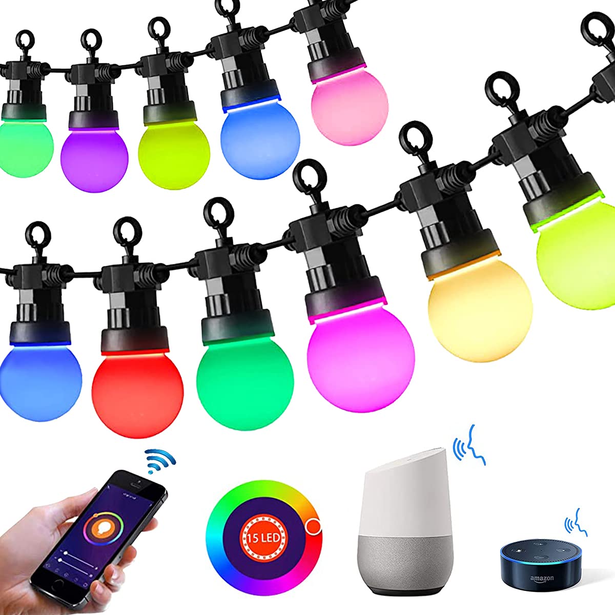 Smart Outdoor String Light Patio Wi-Fi Control Lights, 15 LED Bulbs Color Changing Dimmable Lamp Work with Alexa Google App IP65 Waterproof Shatterproof G50 RGB Bulbs for Party Wedding Garden Backyard