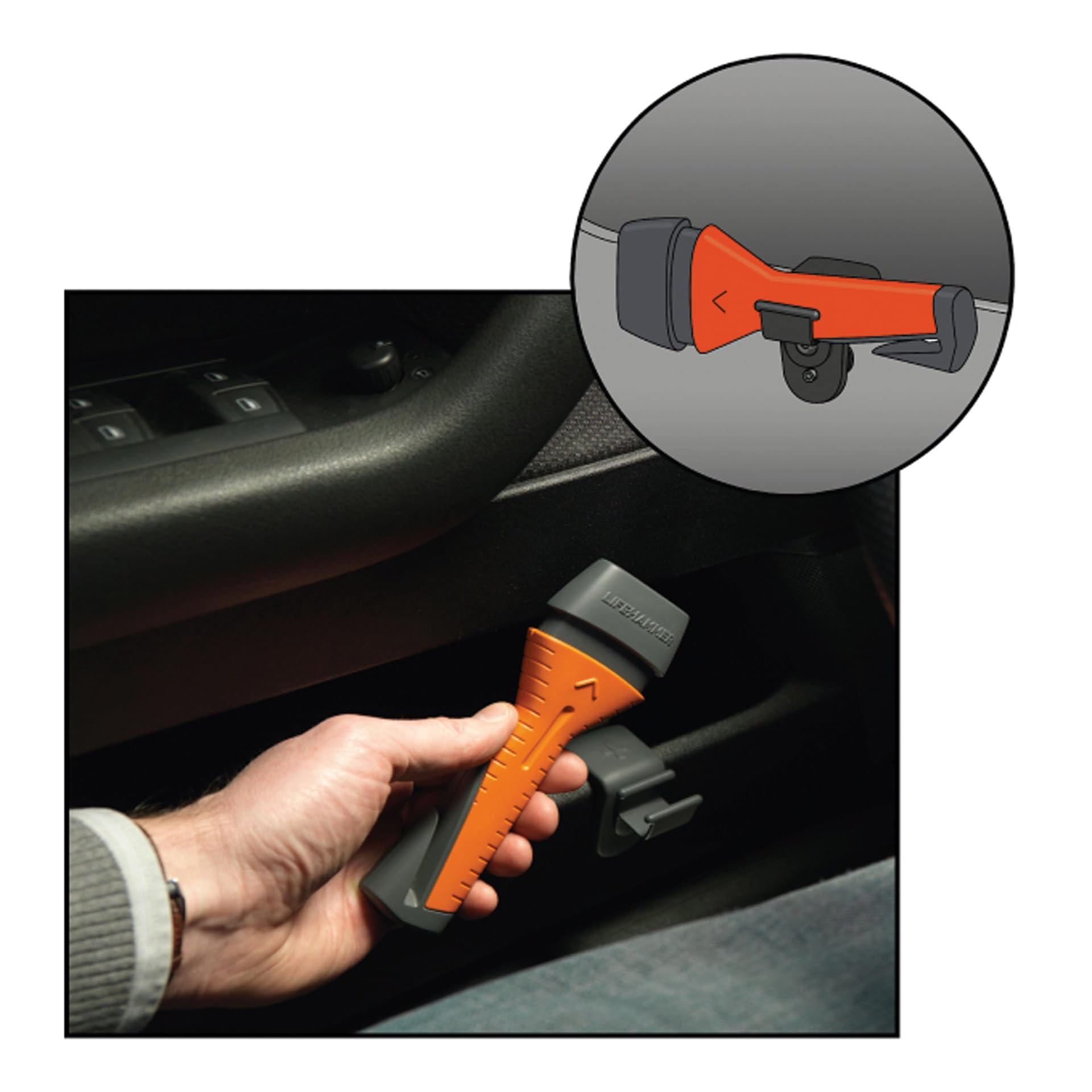 LIFEHAMMER EVOLUTION - Automatischer Notfallhammer für Auto - Nothammer mit Gurtschneider und Antirutsch Griff - Integrierter Sicherheitsschneider - Ultraharter Keramikhammerkopf - Zerstört Autoglas
