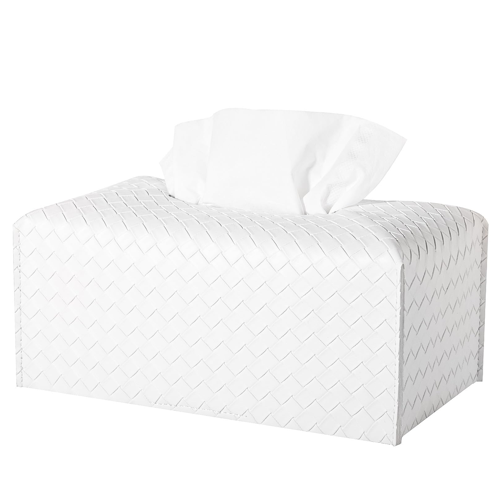 Tissue Box Cover PU Leather Tissue Holder Square Facial Tissue Case Facial Paper Organizer Dispenser for Bathroom, Vanity Countertop, Tabletop, Car, Rectangle, White