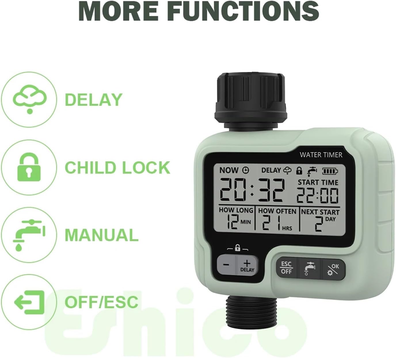 SanmeiLi HCT-322 Water Timer showing icons for Delay, Child Lock, Manual, and OFF/ESC functions