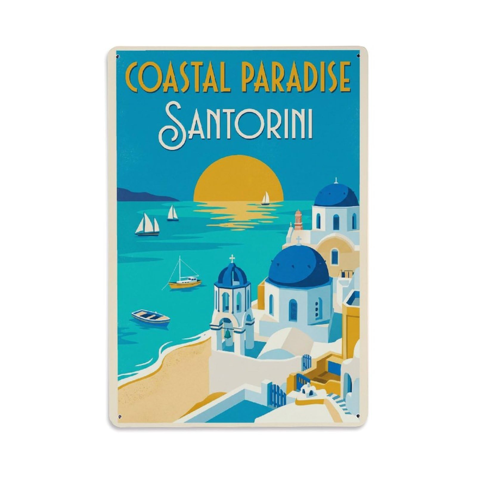 Gead 8X12inch Style Vintage Travel Santorini Coastal Paradise Metal Tin Sign