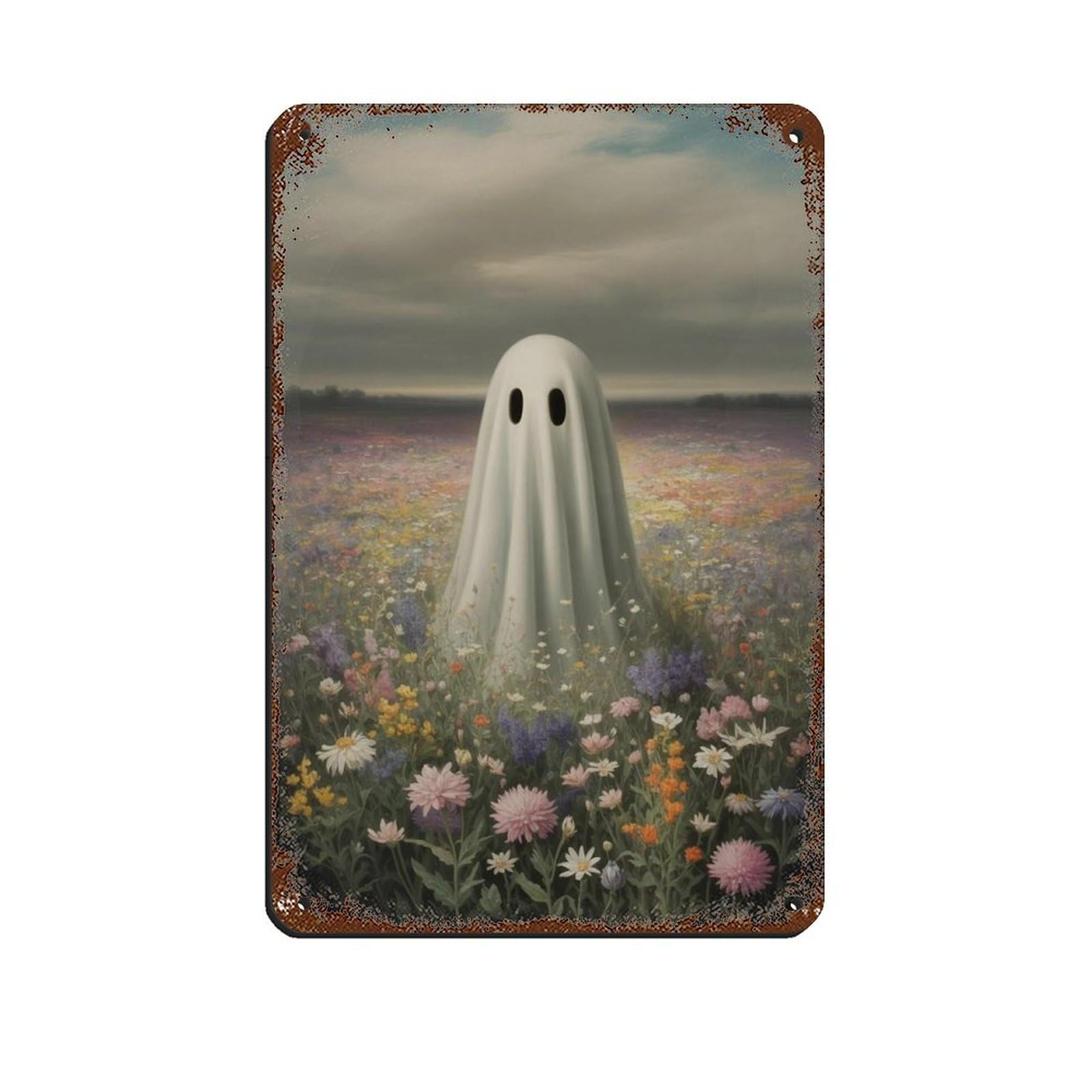 Ghost in The Wildflower,Cute Ghost Poster Tin Sign Vintage Metal Pub Club Cafe Bar Home Wall Art Decoration Poster Retro 8x12inch(20x30cm)