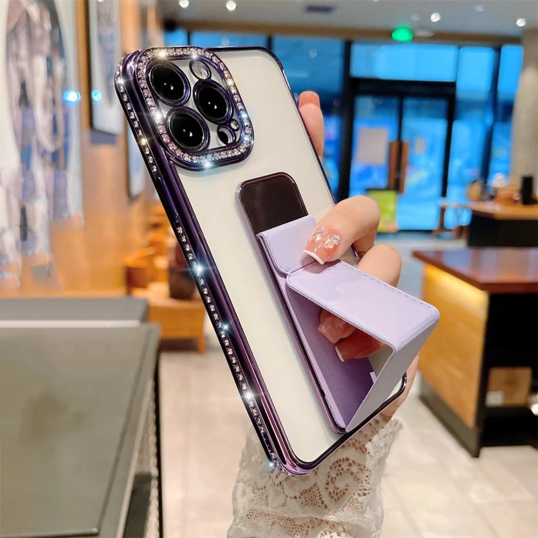 Coque iPhone 13 Pro paillettes strass luxe et support magnétique violet