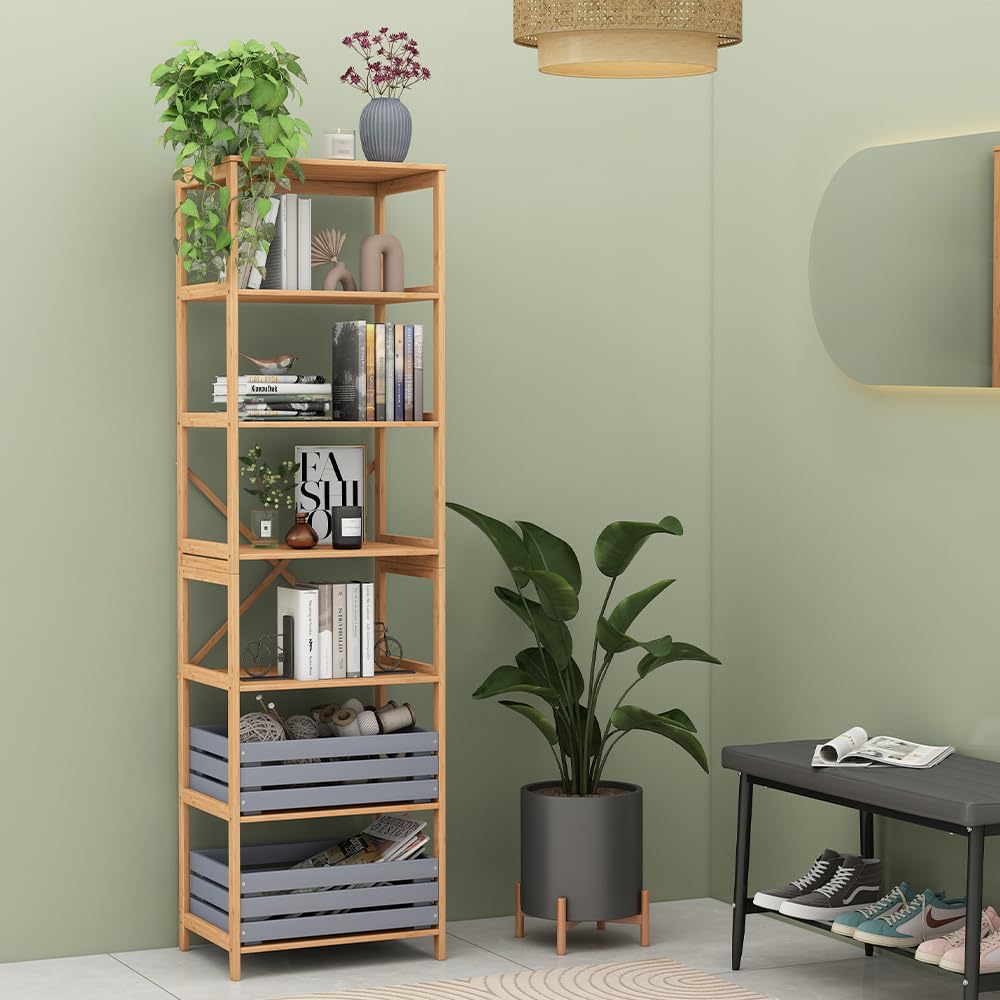Vicco Estantería Novaro, Bambú, 48.3 x 166.5 cm | con 7 compartimentos, apto para guardar libros, archivos y objetos decorativos