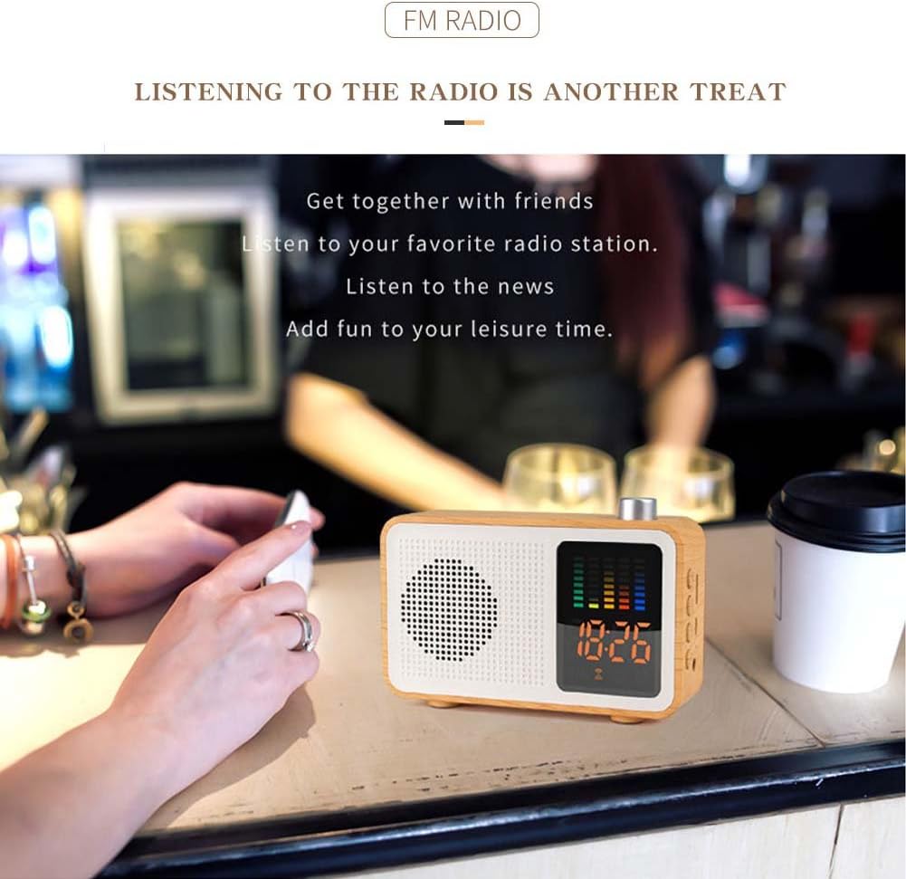 MIABOO Retro Portable Bluetooth Speaker in a cafe setting, indicating FM Radio function