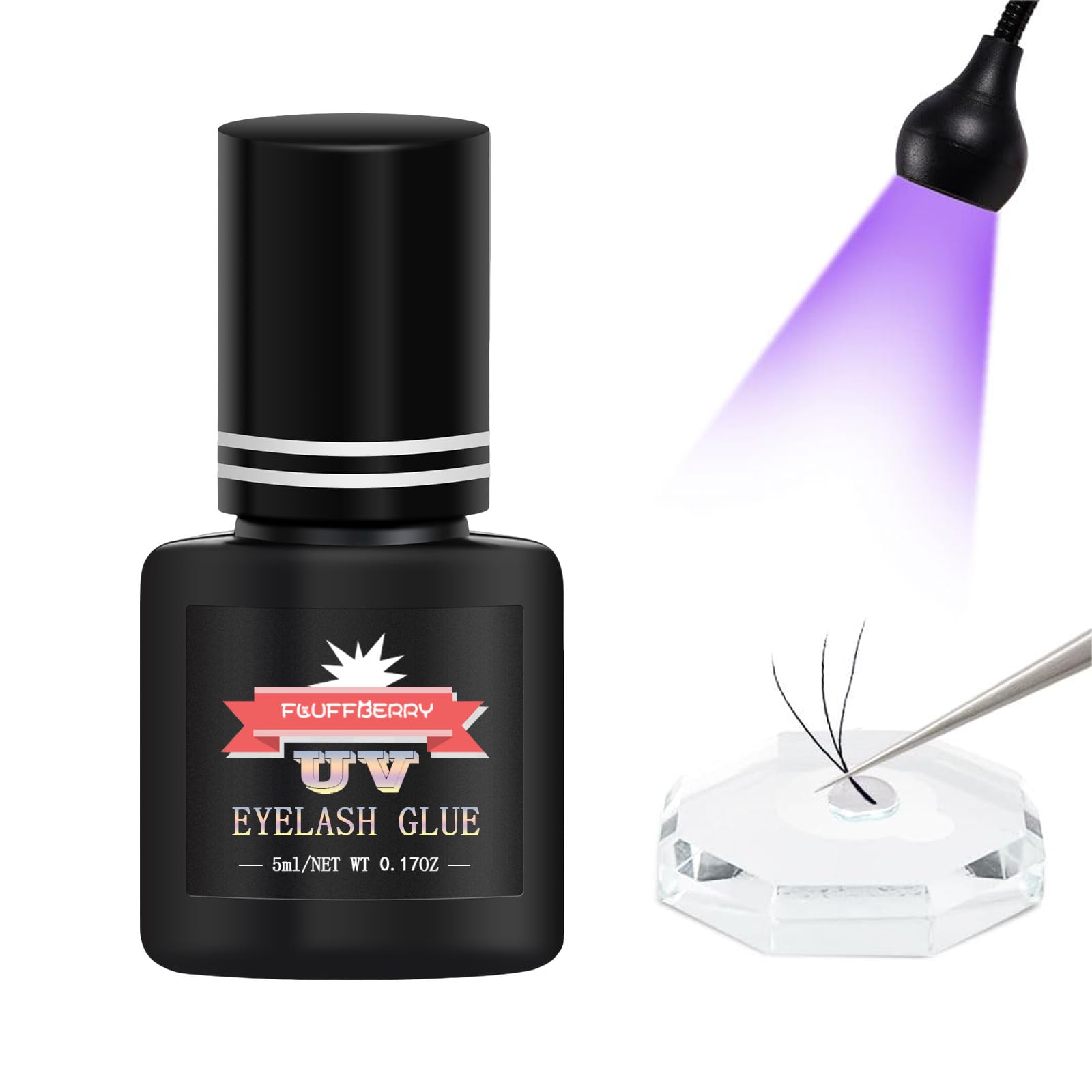 FLUFFBERRY UV Glue Eyelash Extension Safe and Mild Hypoallergenic Without Irritation 1 Sec Drying Time 9-10 Weeks（Hypoallergenic Style）