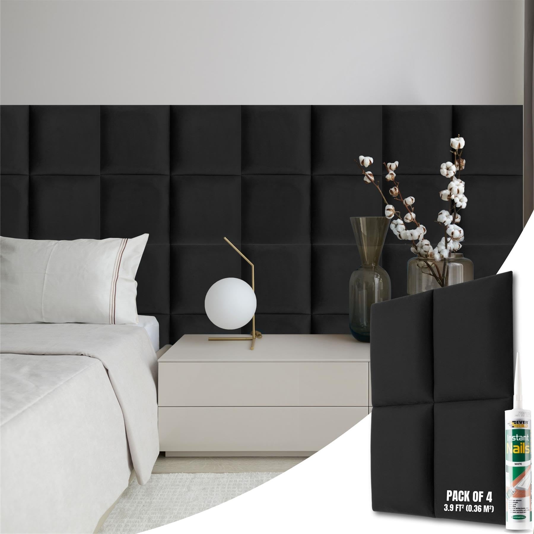 NOVECRAFTO Velvet Padded Wall Panels Set of 4 - Black Upholstered Anti-Collision Panels with Adhesive - H11.8 x W11.8 (30x30cm) Cushioned Paneling for Beds, Kids Room, Hallways & Feature Walls