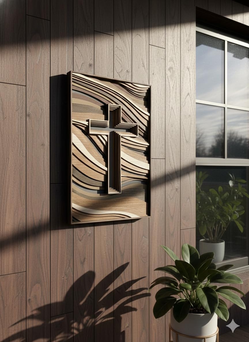 3D Layered Wooden Cross Wall Art – Handcrafted Plywood with Wave Pattern, Multi-Tone Natural Wood Grain Decor