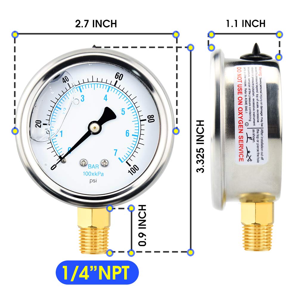 TAILONZ PNEUMATIC 1/4" NPT 2.5" FACE DIAL Stainless Steel （0~100Psi）Liquid Filled Pressure Gauge WOG Water Oil Gas Lower Mount