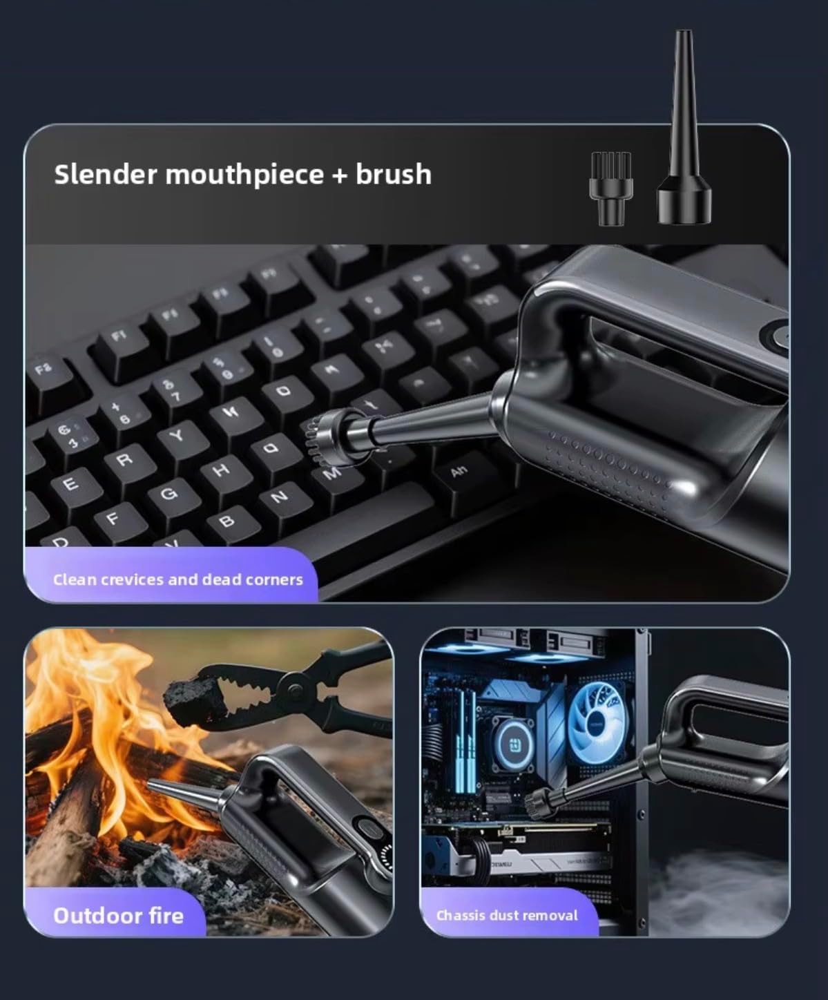 Image showing the slender mouthpiece with brush attachment being used to clean a keyboard, assist with an outdoor fire, and remove dust from a computer chassis