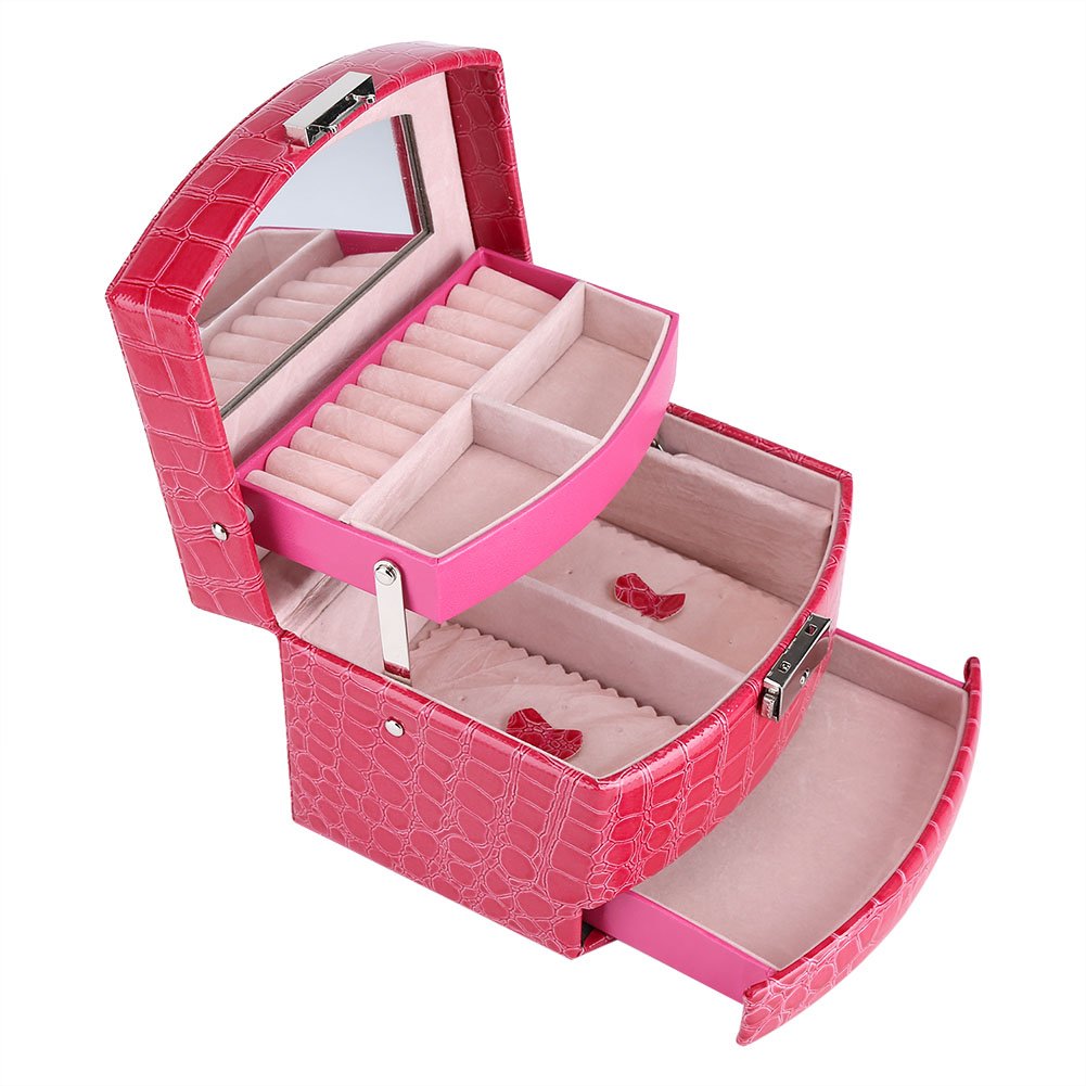Yosoo 3 strati Jewelry Box con specchio e manico per collane, anelli, collana, ciondoli, spille Storage Rose Red