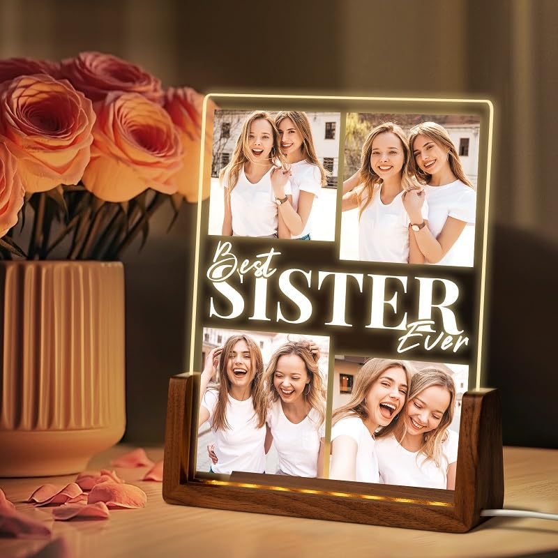 Aeekdook Personalized Photo Gifts for Sister, Custom Night Light Acrylic Frame with Photos for Friends, Customized Birthday Anniversary Photo Gifts