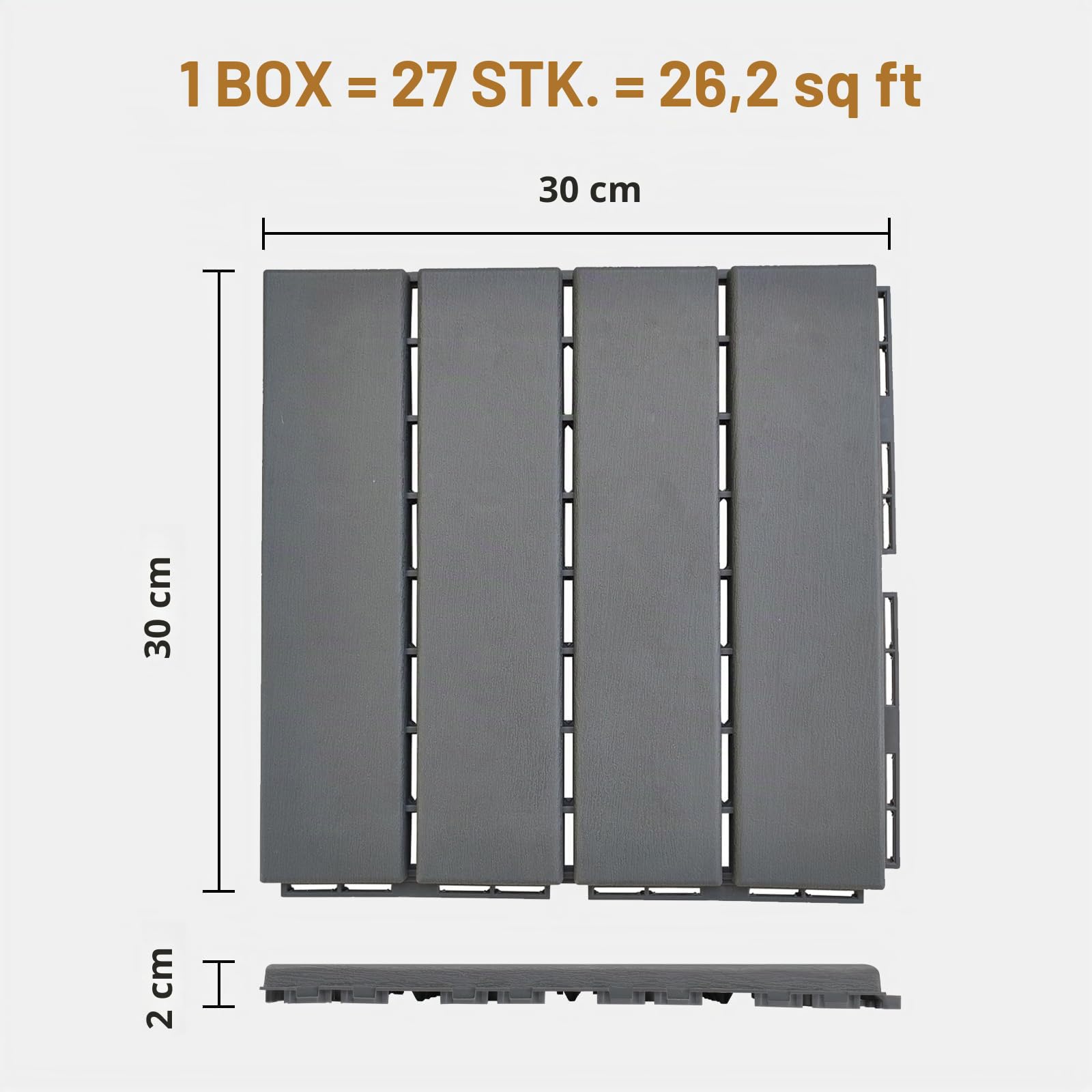 LEADZM WPC Fliesen, Balkon Bodenbelag - 30 x 30 cm 27 Stück / 2,4m² - Wetterfeste Terrassenfliesen mit Klicksystem, Geeignet für Balkon und Garten, Horizontale Streifen - Dunkelgrau