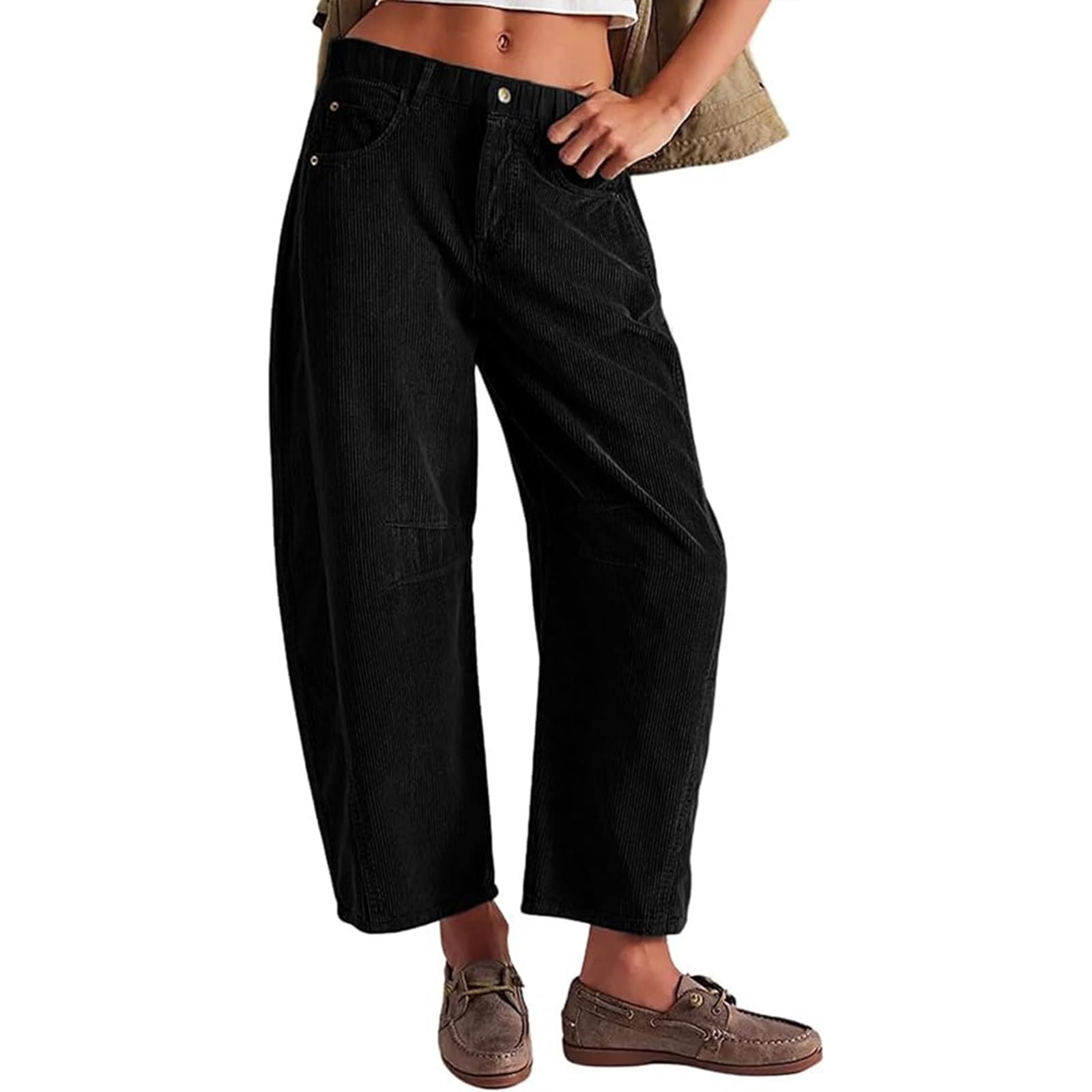 FlekmanArt Womens Corduroy Pants Barrel Mid-Rise Elastic Waist Cord Pants Casual Wide Leg Baggy Trouser with Pockets