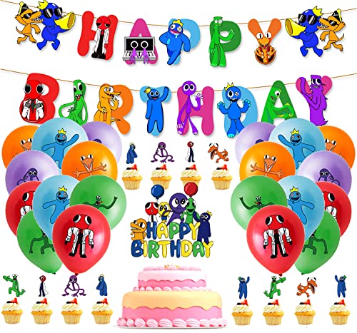 Rainbow Friends Roblox Décoration D'anniversaire, 34 PCS Joyeux Anniversaire Décoration de Fête Cupcake Topper, Rainbow Friends Ballons, Bannière Décoration Cover