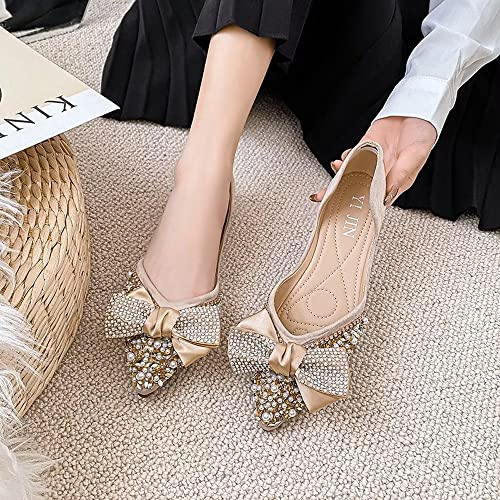TN TANGNEST Womens Ballet Flats Fashion Bowknot Pointed Toe Flats Shiny Rhinestone Flats Comfort Slip On Dress Shoes Apricot 39(7.5)4
