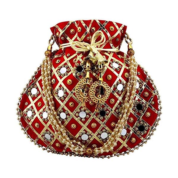 Women's Lookingfab Presents Designer Rajasthani Style Silk Potli Velvet with Purse with Gota Patti Portly handbag Handicrafts Handmade Decorative (Light pink, Red) - Image 6