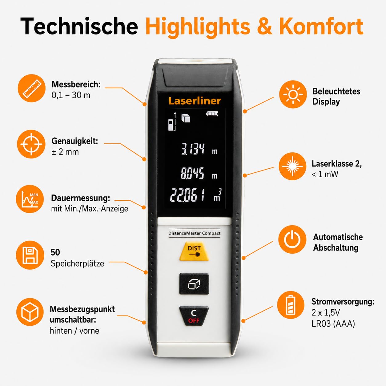 Laserliner Télémètre Laser DistanceMaster Compact 30 | Appareil de Mesure Numérique, Portée de 30 m, Mesure de Longueur/Surface/Volume