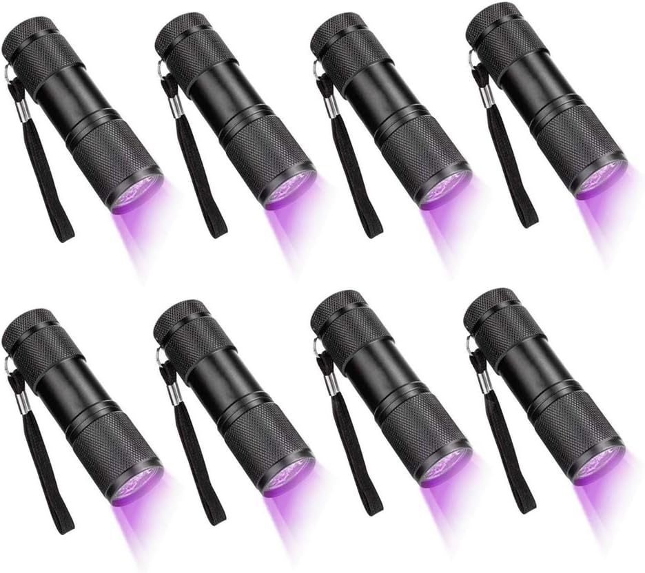 UV LED Flashlight Black Light UV Lights 9 LED Ultraviolet Blacklight Flashlights Pets Urine and Stains Detector on Clothes Carpet Rugs (8 Pack)