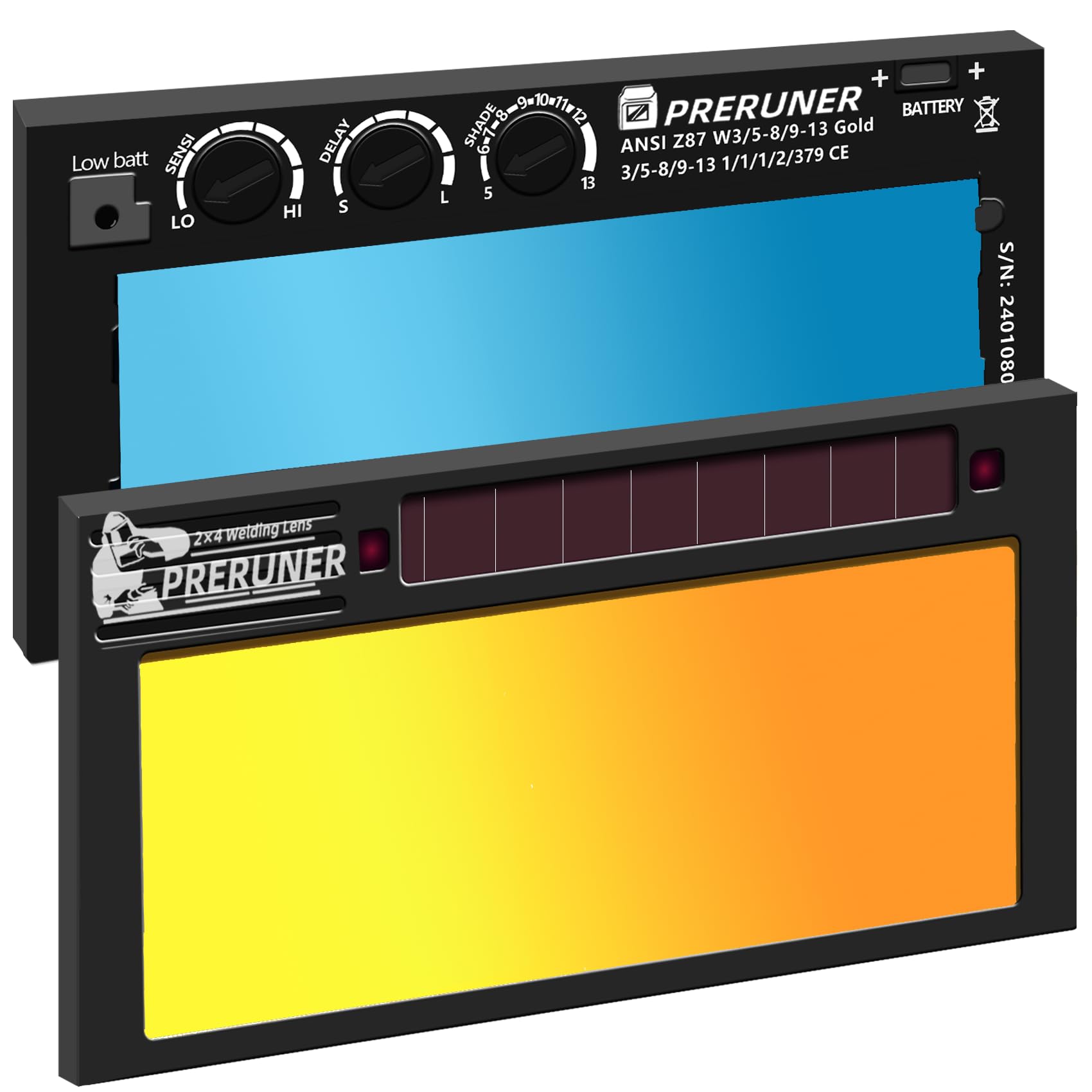 Shade Adjustable Series | Gold Shade Range 5-13 Auto Darkening Welding Lens | 2" x 4 1/4" x 0.33" | Gold Coating | Cool Blue Puddle View | Sensitivity & Delay Adjust - 10 + Years of Experience