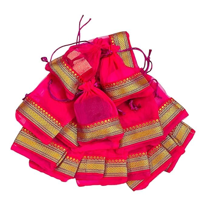 Krishav Pack of Eleven Small Size Silk Organza Potli Gift Bags Coin Bags(15 X 10 cm) Drawstring Closure (Magenta) (21)-image-41