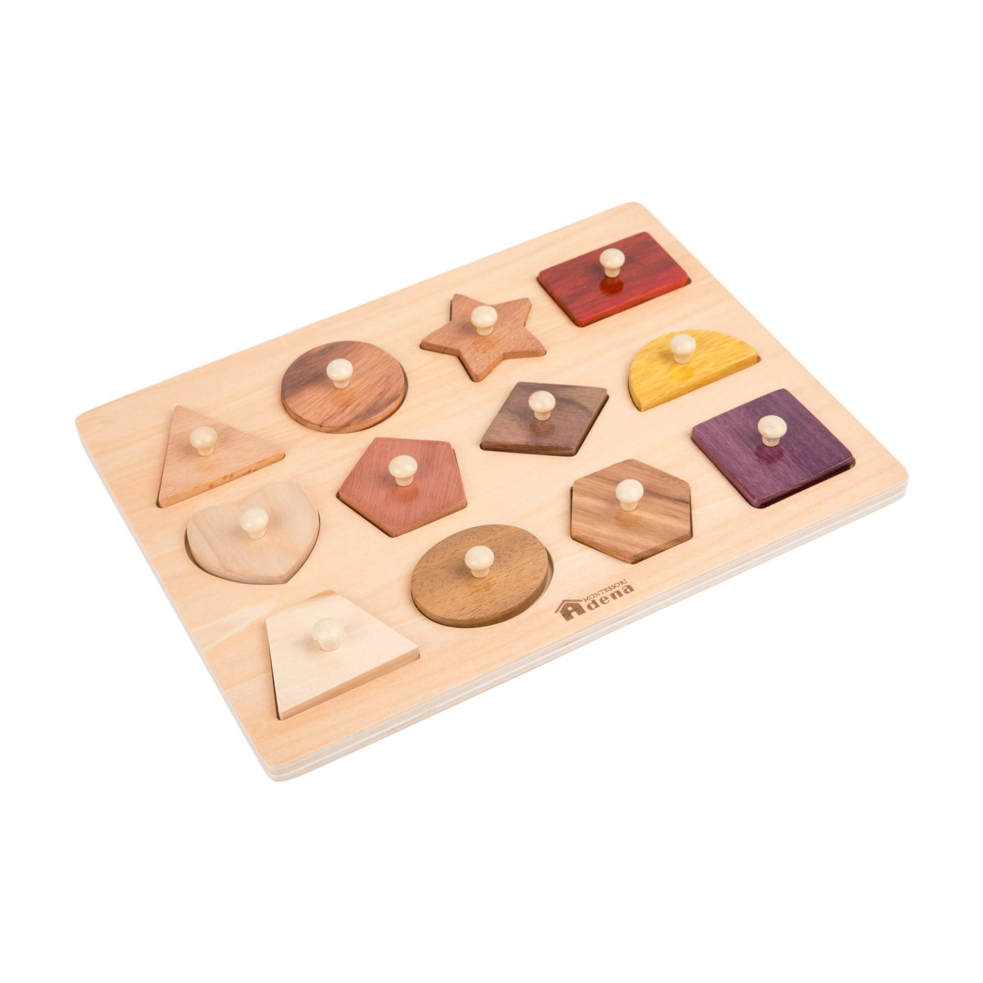 Adena Montessori Wooden Puzzles for Toddlers 1-2, 12 Piece Shape Peg Board with Knobs Educational Learning Toys for 1-2 Year Old Natural Wood Shape Sorter for Babies Durable Montessori Toys 12 Pieces - Shape Peg Board