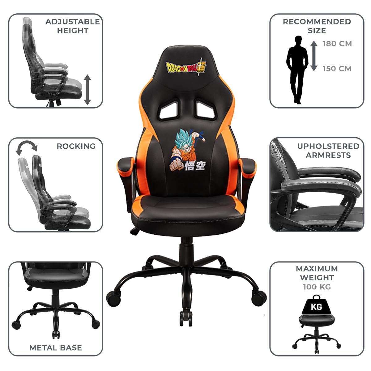 SUBSONIC - Sedia da Gaming Dragon Ball Super - Poltrona da Ufficio Ergonomica con Schiuma ad Alta Densità, Meccanismo Basculante e Comodi Braccioli - Altezza Regolabile - Nero
