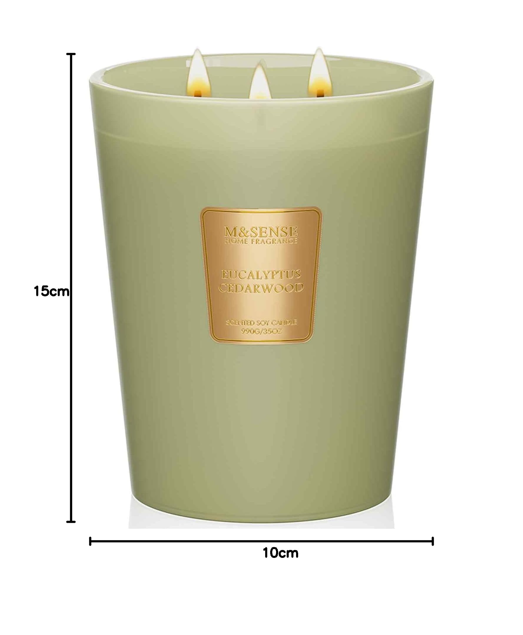 M&SENSE Bougie Parfumée Eucalyptus et Cèdre, 990g Grande Aromathérapie 3 Mèches, 150 Heures Naturelle de Cire de Soja, Décoration de Salon, Cadeau de Crémaillère pour Homme Femme