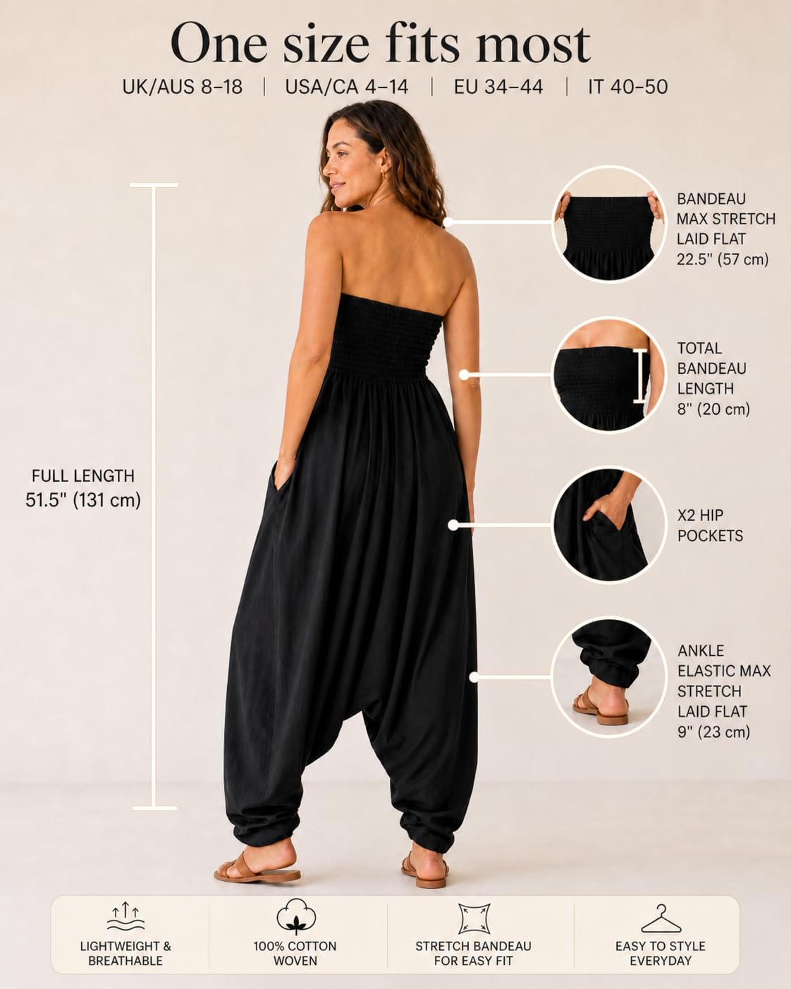 likemary Jumpsuit Damen Sommer – 2-in-1 Baumwoll Einteiler & Haremshose mit Taschen – Luftige Boho Pumphose, Schlupfhose für Urlaub & Alltag