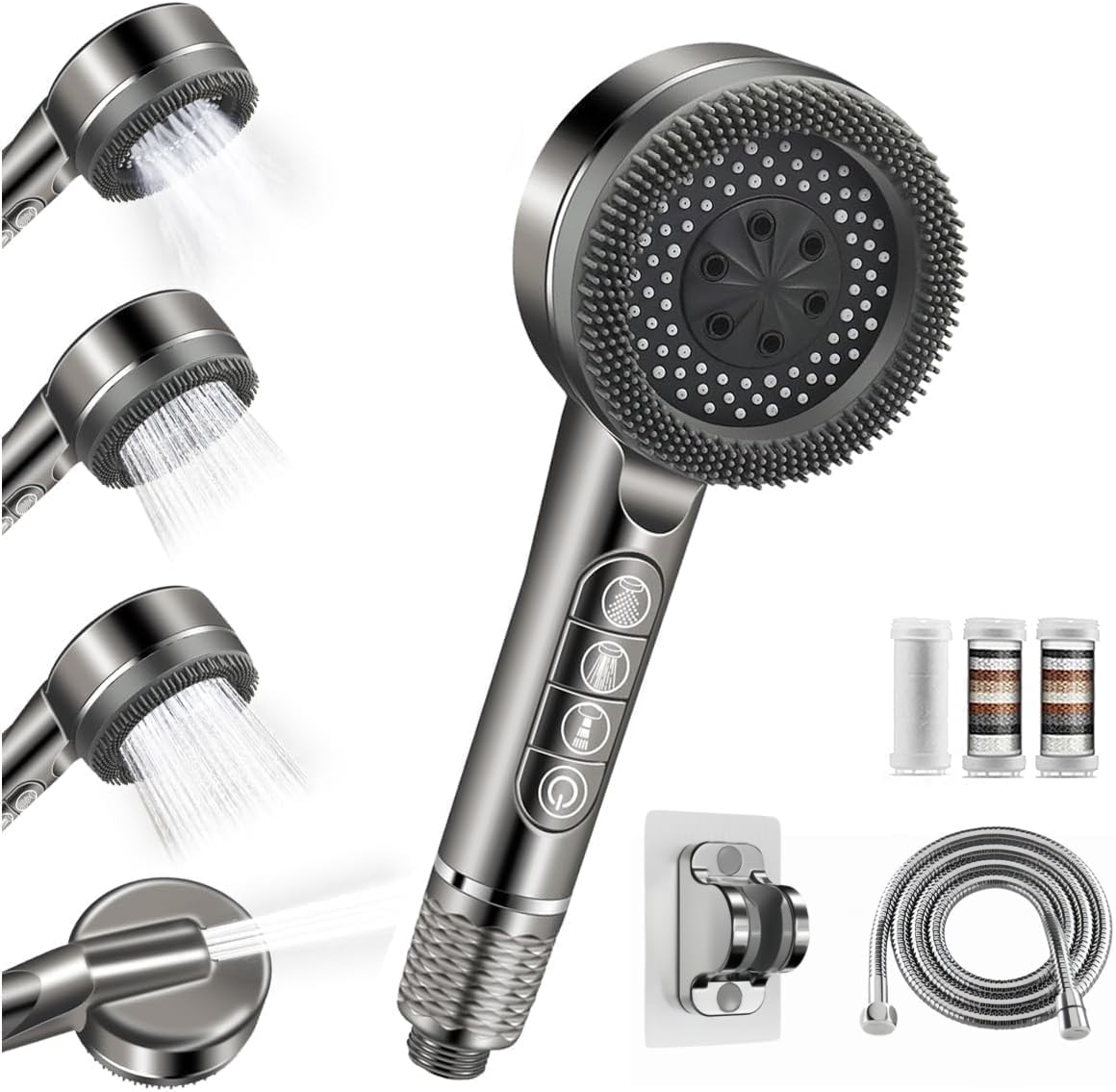 High Pressure Shower Head with Filter, Hard Water Shower Head and Hose with 3 Spray Modes, Power Handheld Massage Shower Head with Pause Switch for Residual Chlorine Removal to Reduce Dry Skin