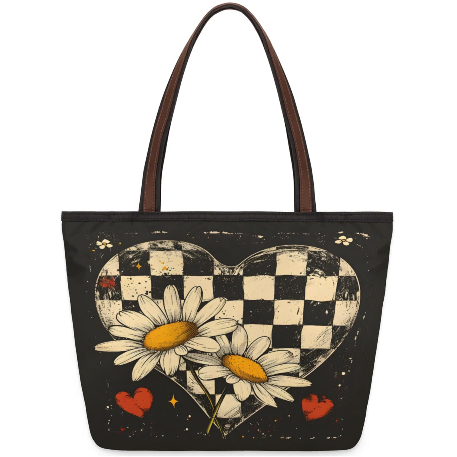 Love Grid Chrysanthemum Tote Bag Multi Pocket Zippered Beach Bag Lightweight Waterproof Handbag for Women Men Work Gym Travel Swimming Yoga Grocery Shopping M