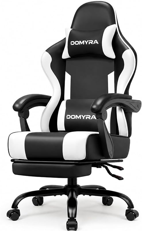 Silla Gaming Gamer Game Ergonómica con Reposapiés Soporte Lumbar Negro Profundo | Reposacabezas, altura y respaldo ajustables, cuero negro intenso, capacidad de carga resistente de 210 kg, cojín sin alas de 52 cm