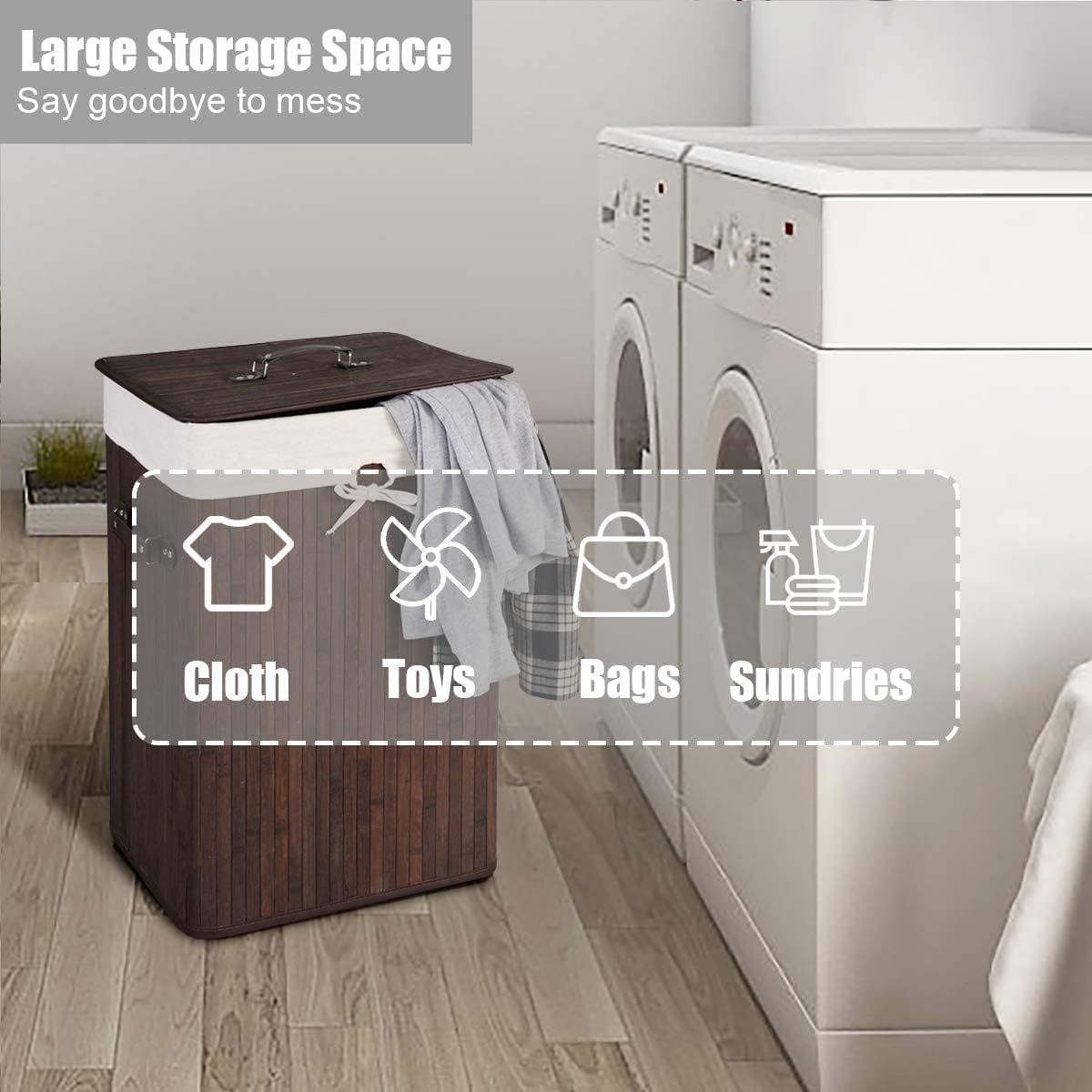 Nightcore Bamboo Laundry Hamper Portable, Collapsible Laundry Hamper with Lid, Clothes Hamper with Removable Liner & Handles, Dirty Clothes Toys Storage Bin for Laundry Room, Bathroom (Brown)
