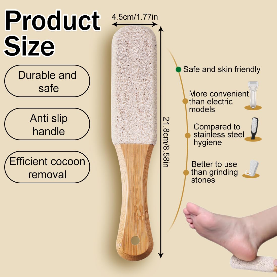 2 Pezzi Pietra Pomice con Manico in Legno, Raspa Piedi con Manico in Legno, Lima per Piedi Rimozione della Pelle Dura, Lava Pedicure Tools Rimozione del Callo della Pelle Dura per Piedi e Mani