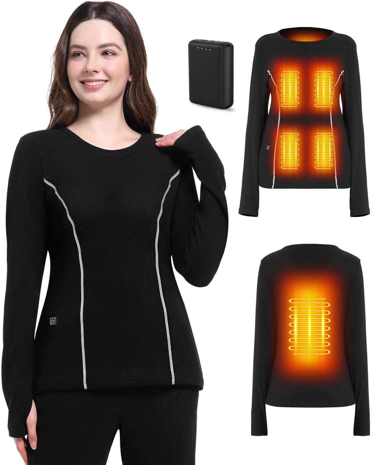 FERNIDA Women Heated Thermal Tops with Battery Pack, Heating Long Sleeves Baselayer Top Thermal Ladies T-Shirts, 6 Heated Zones