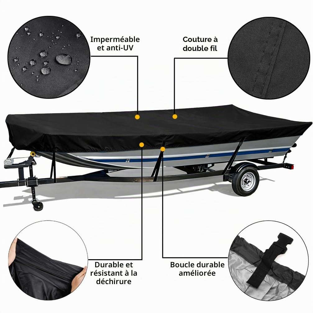 Housse de Bateau Jon 420D - Bâche pour Bateau à Fond Plat UV-Protection Imperméable & Antivent,Gris,12~14FT: 470cm x 210cm
