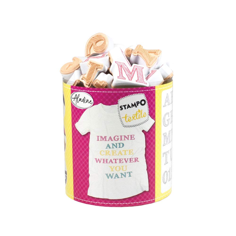 Aladine - Stampo Textile Alphabet Sketch - Kit de 38 Tampons pour Tissu - Encreur Inclus - Fixation au Fer à Repasser - Lavable en Machine - Motifs Lettres et Chiffres